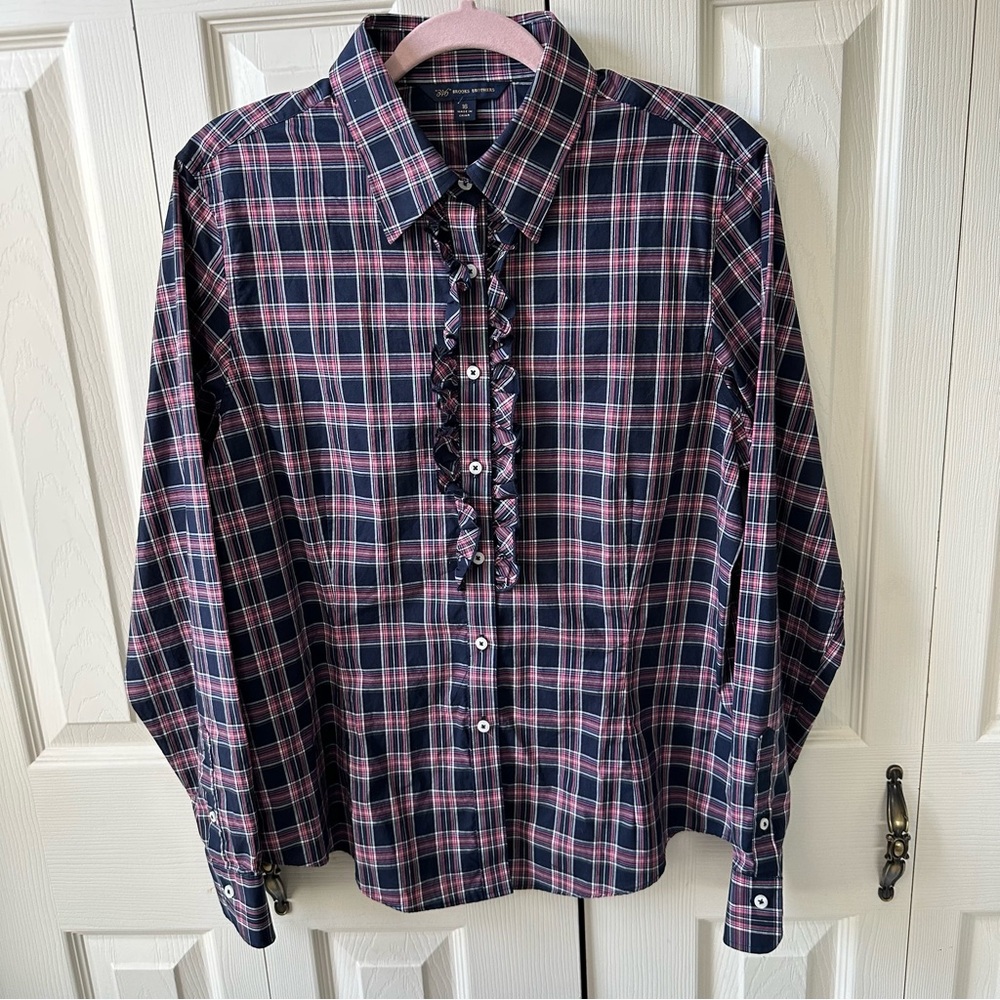 Brooks Brothers Pink Plaid Ruffle Button Down Long Sleeve Shirt Women’s Size 16